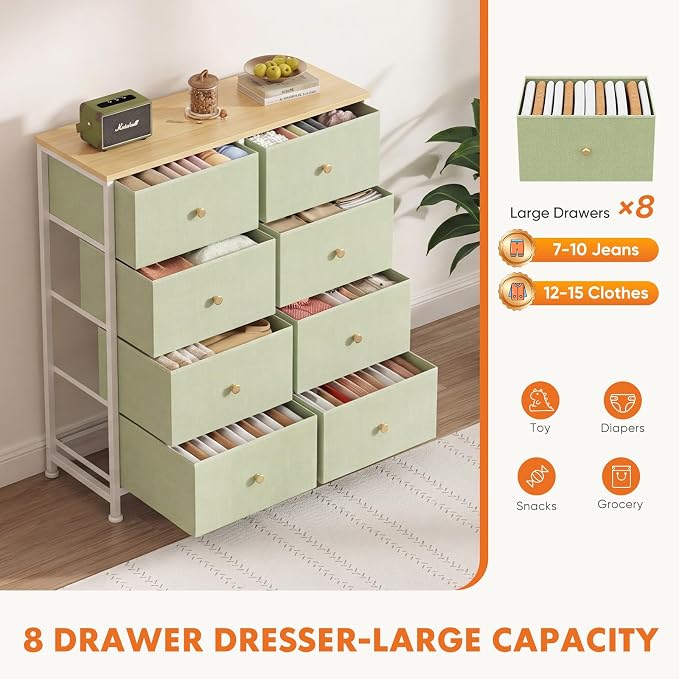 Sweetcrispy 8 Drawer Fabric Dresser, Tall Storage Tower for Bedroom | Spacious Clothes Storage, Anti-Tip Design, Easy-Pull Fabric Bins, Ideal for Bedroom, Closet, Living Room, Light Green