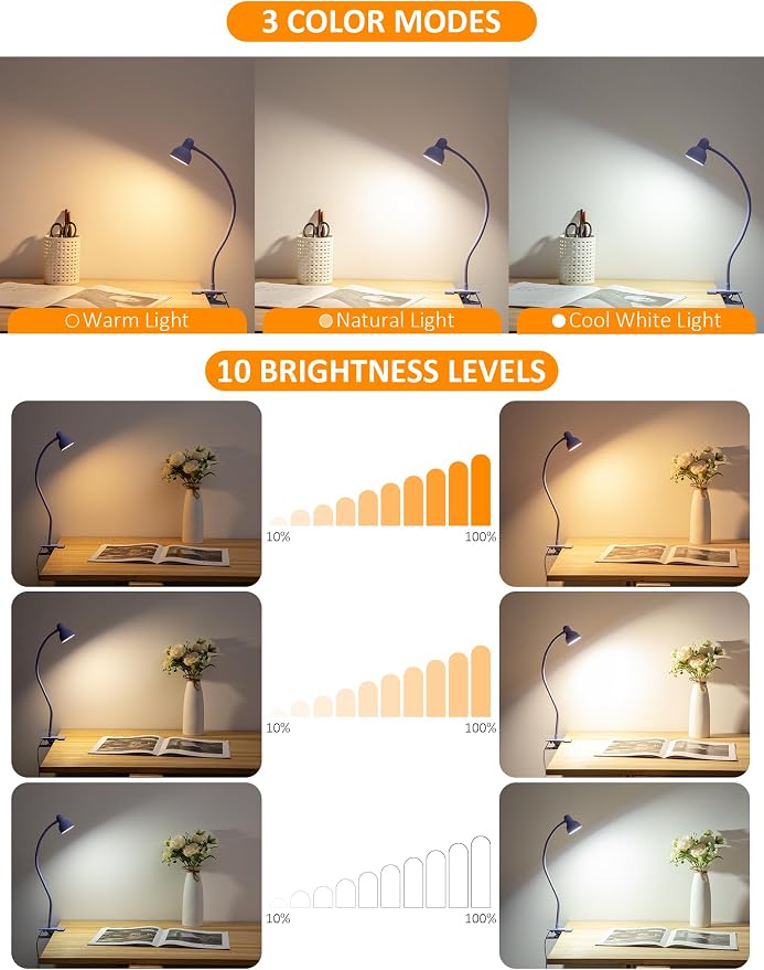LiFMIRA Desk Lamp Clip on Lamp for Bed, LED Reading Light for Bed Purple | 3 Colors 10 Dimmable Brightness, LED Book Light for Reading in Bed Flexible Clip on Light Clamp Lamp for Bed Headboard Desk
