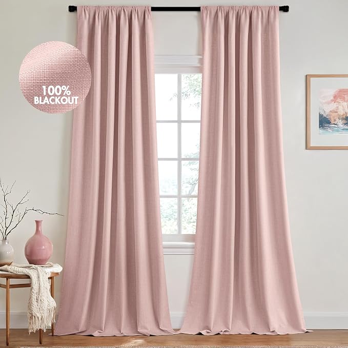 MIULEE 100% Blackout Back Tab Pleat Linen Curtains 50" Wx108 L,Light Pink | 2 Panels,Thick Faux Linen,Textured Drapes,with Hooks,for Bedroom Living Room,Black Out,Room Darkening