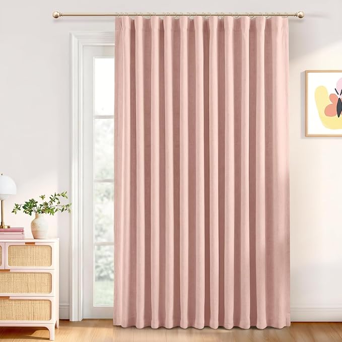 INOVADAY Linen Textured 100% Blackout Sliding Door Curtains 102x90 | Blush Pink, 1 Panel, Extra Wide Sliding Glass Door Curtains for Patio, Blackout Curtains for Bedroom, Thermal Insulated