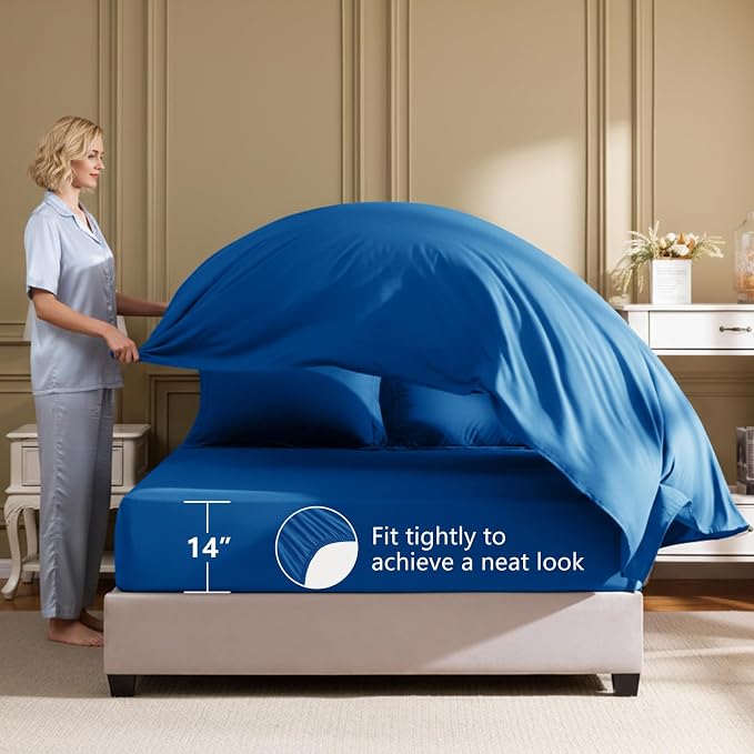 HIMEET Queen Comforter Set, 7-Piece Point-Quilted Bed in a Bag Classic Blue | OEKO-TEX Certified, Lightweight 240 GSM Comforter, Flat Sheet, 14-Inch Deep-Pocket Fitted Sheet, Pillowcases & Shams