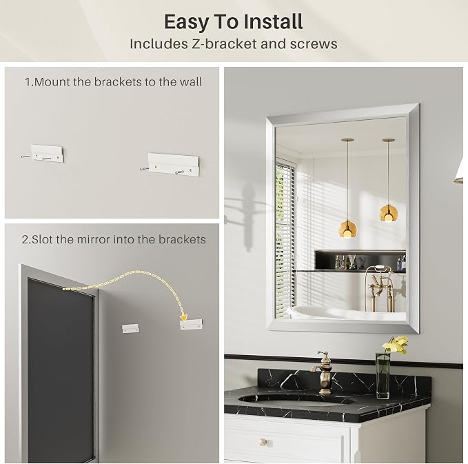 Bathroom Wall Mirror, Silver Brushed Nickel Metal Frame, 24x30 Inch | Anti-rust, HD tempered glass, for bathroom vanity, bedroom, living room, horizontal or vertical mount