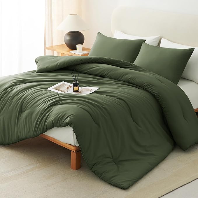 Oversized King Comforter Set, 3 Pieces Olive Green Quilted Bedding | 270 GSM Down Alternative Fill, 4 Corner Ties for Duvet Insert Use, All Season, OEKO-TEX Certified, 2 Pillowcases, 120 x 98 in