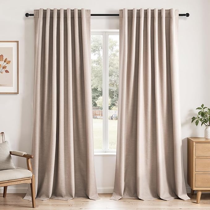 Topfinel 120 Inch Linen Blackout Curtains 2 Panels for Bedroom Living Room Back Tab Room Darkening Thermal Insulated 100% Black Out Linen Drapes Large Window Curtains Beige Natural