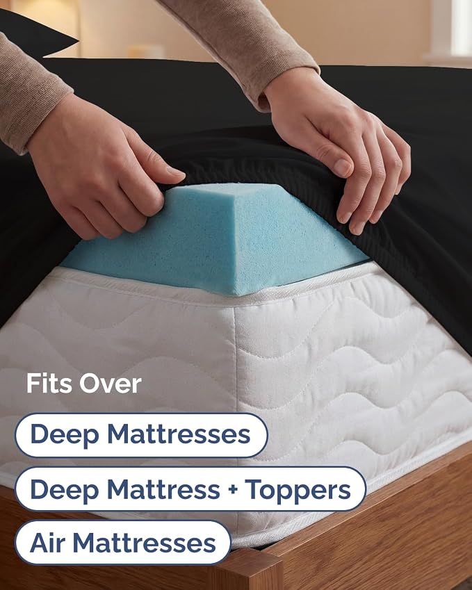 Extra Deep Twin XL Sheet Set - 4 Piece College Dorm Room - Black | College Dorm Room Essentials, Easy & Secure Fit, Ultra-Soft, Wrinkle & Fade Free, Comfy Sheets Set with Extra Deep Pockets