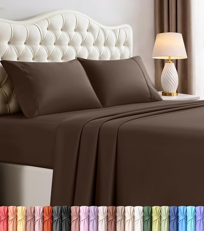 California King Sheets Set, 4 Pieces 16" Deep Pocket Bed Sheets, Brown | Extra Soft Bedsheet Set, Comfy & Breathable Cooling Sheets, Wrinkle & Fade Resistant, Fitted Sheet, Flat Sheet, 2 Pillowcases