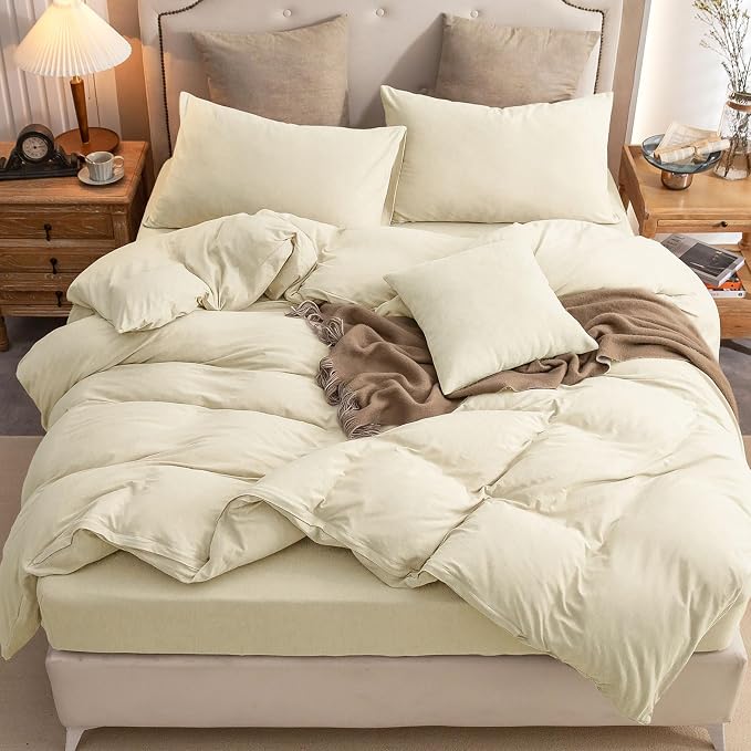 PURE ERA Jersey Knit Sheet Set Solid Creamy White California King | 100% Cotton, 3 Piece Set, T Shirt Soft, Breathable, Envelope Closure Pillowcases, Hidden Zipper, 8 Ties, No Insert, Modern