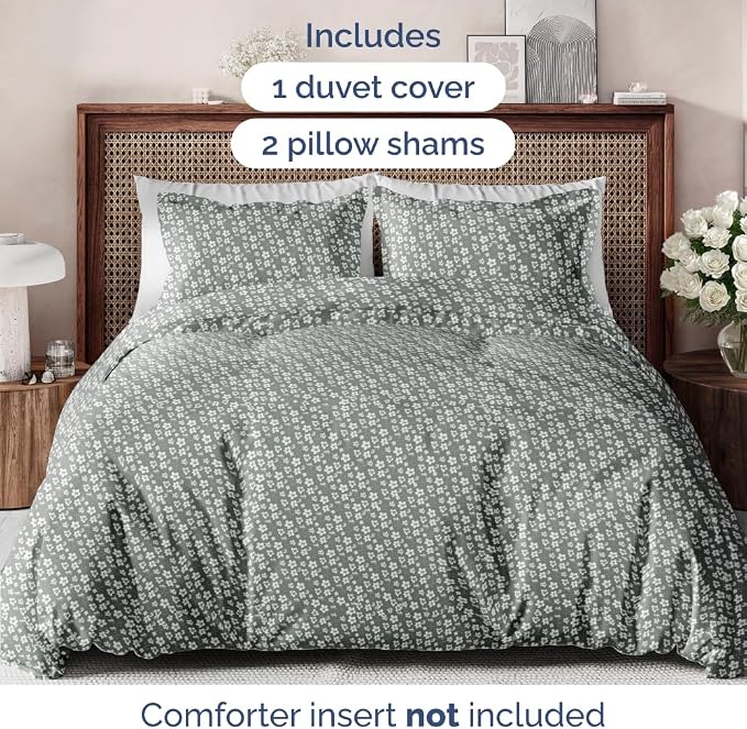 Duvet Cover Queen Size - Floral Duvet Cover - 3 Piece - Green Meadow | Soft Floral Duvet Cover 90 x 90 with 2 Pillow Shams, Zipper Closures & Ties, Floral Bedding for Women, Men, Kids & Teens