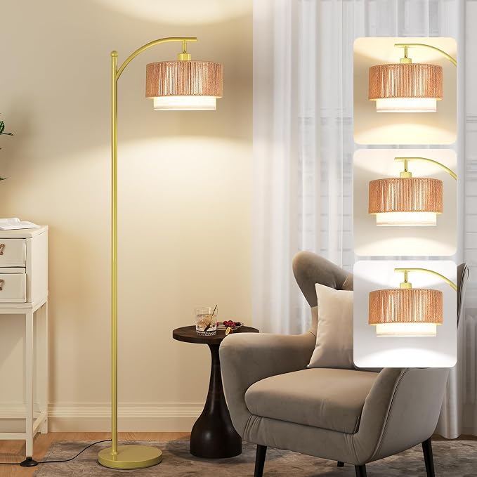 SUNMORY Arc Floor Lamps for Living Room, Rattan Standing lamp with 12W Bulb | Arched LED Lamp with 3 Color Temperatures, Farmhouse Floor Lamps with Adjustable Shades, Boho Floor Lamp for Bedroom, Corner