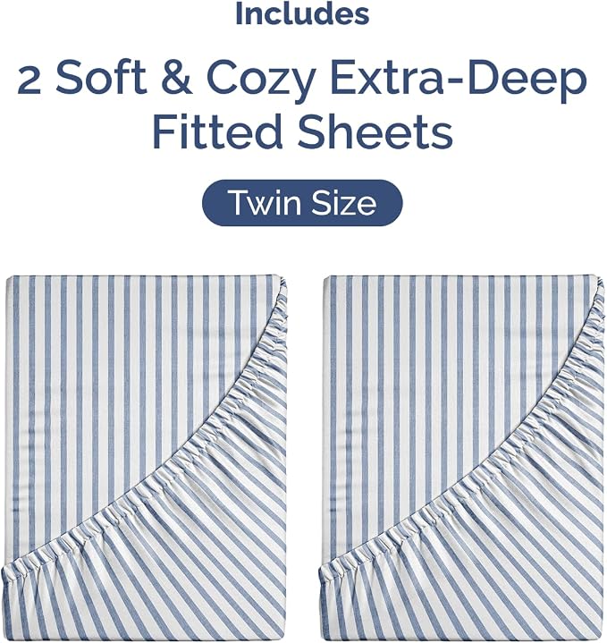 2 Pack Extra Deep Twin Fitted Sheets with Extra Deep Pockets - Blue Stripes | Hotel Luxury Bottom Fitted Sheets Only, Soft, Fade & Wrinkle Free, Breathable & Comfy, All Around Elastic Fitted Sheets