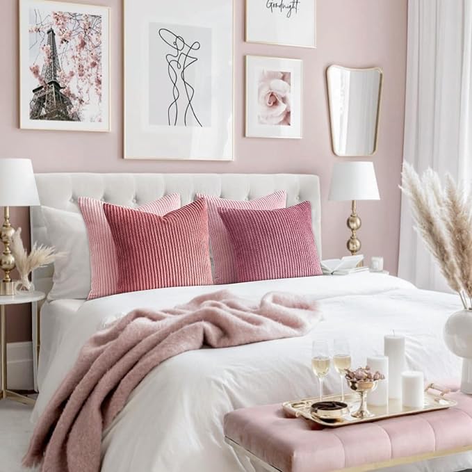 Topfinel Pink Throw Pillow Covers 12x12 Inch Set of 4,Soft Farmhouse Corduroy Decorative Cushion Cover,Square Cute Pillow Case for Gril's Bedroom Couch Sofa Living Room,Spring Series Home Decor