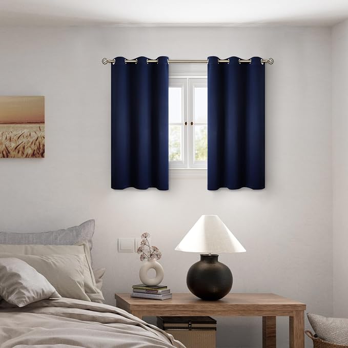BGment Short 100% Blackout Curtains for Bedroom, Thermal Insulated Energy Efficiency Noise Reducing Grommet Curtains 54 Inch Length with Liner for Small Window 2 Panels Each 42 Inch Wide, Navy Blue