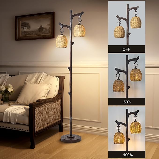 Scenekoy 68" Tall Floor Lamp with Wicker Drum Shade, Foot Switch Dimming | Tree Trunk Dark Finish, Resin Lamp Body, Farmhouse Rustic Standing Lamp with Bulb, Decor for Living Room Bedroom Reading Room