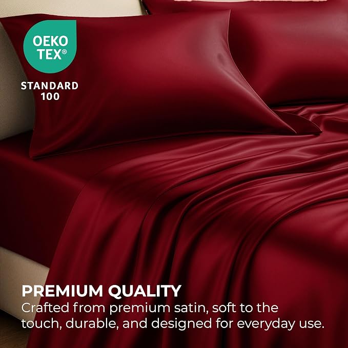 Satin Sheets Twin [3-Piece, Burgundy] Hotel Luxury Silky Bed Sheets - Extra Soft 1800 Microfiber Sheet Set, Wrinkle, Fade, Stain Resistant - Deep Pocket Fitted Sheet, Flat Sheet, Pillow Cases