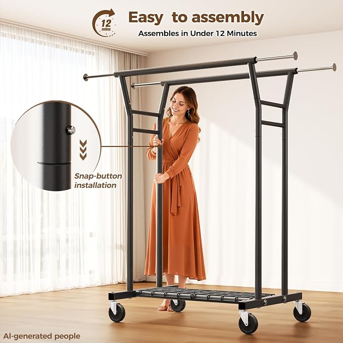 HYSEYY Heavy Duty Clothes Rack, Rolling Clothing Rack for Hanging Clothes with Shelves Load 700LBS,Portable Garment Wardrobe Closet Rack with Wheels for Bedroom,Laundry Room,Retail Store,Black