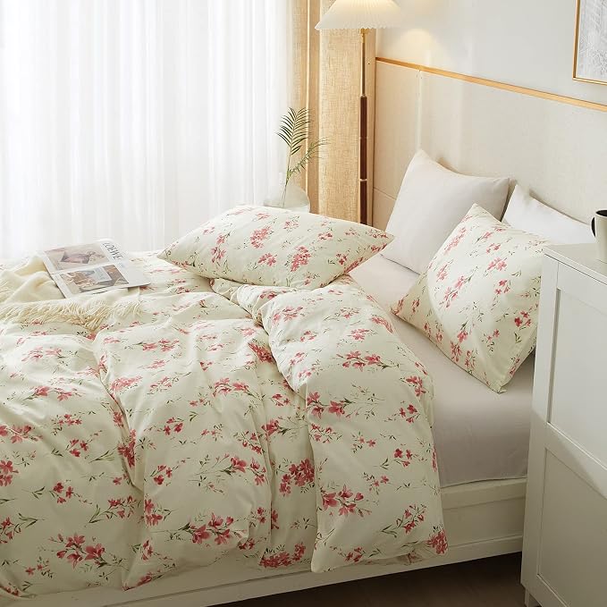 mixinni Boho Red Floral Girl Duvet Cover Set, Soft Cotton King Size 3-Piece Aesthetic Floral Bedding Set, 1 Chic Flower Leaf Pattern Duvet Cover and 2 Pillowcases for All Seasons-King Size