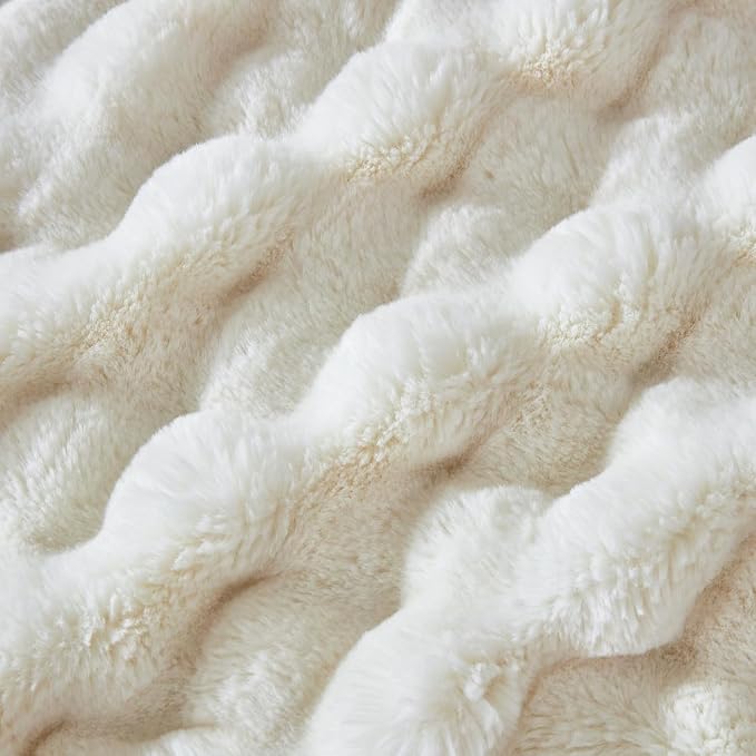 60x80 Inches Ultra-Soft Fuzzy Faux Fur Plush Twin Size Blanket - Thick, Warm Sherpa for Couch, Sofa, Bedroom, Camping - Decorative Blanket for Cozy Warmth, Bubble Ivory White