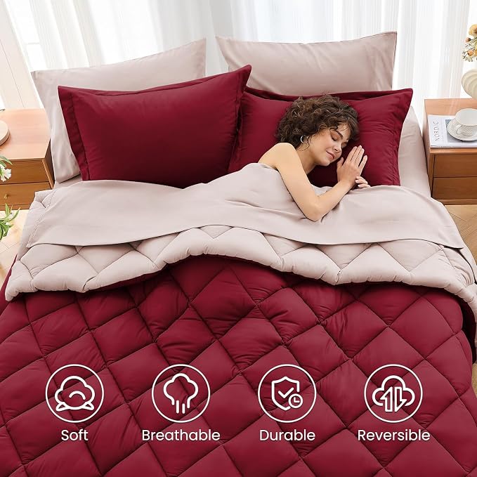 7 Pieces King Comforter Set, Reversible Bed in a Bag King Size, All Season Bedding Set with Comforter, Flat Sheet, Fitted Sheet, Pillowcases & Shams, Burgundy & Rose Gold