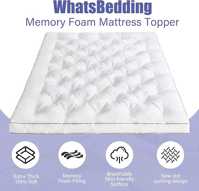WhatsBedding 4 Inch Memory Foam Mattress Topper Twin Size for Back Pain Relief, Filled with Breathable Gel Memory Foam, Supportive Pillow Top Mattress Topper