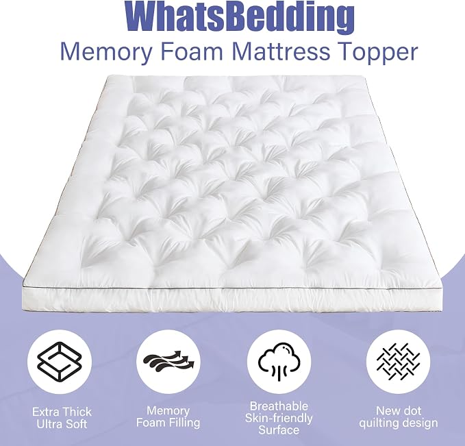 WhatsBedding 4 Inch Memory Foam Mattress Topper King for Back Pain Relief, Filled with Breathable Gel Memory Foam, Supportive Pillow Top Mattress Topper