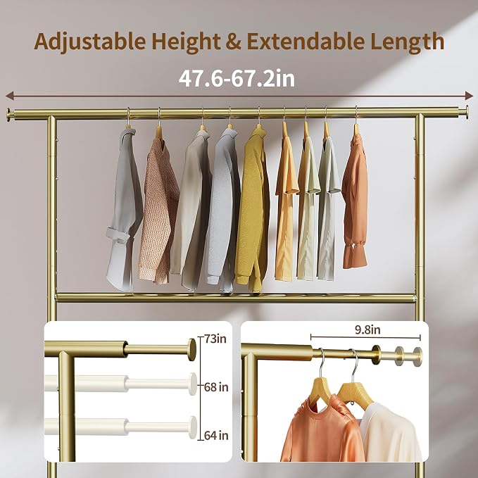 Luxspire Heavy Duty Clothes Rack with Lockable Wheels Load 600 LBS, Gold | Double hanging rods, heavy-duty iron mesh frame, adjustable extendable rods, ideal for laundry room & bedroom garment storage
