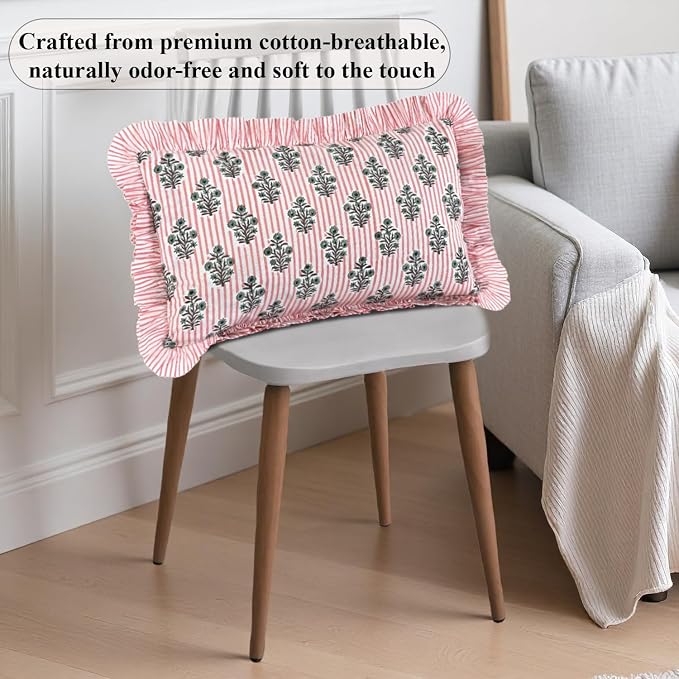 Ridhi Block Print Salmon Blossom Ruffle Lumbar Pillow Shams, 20" x 12" | 100% cotton, Floral Pillowcase, Cushion Cover, Hidden Zipper, Cottagecore Bedding, farmhouse boho style, fits couch, sofa,Bed
