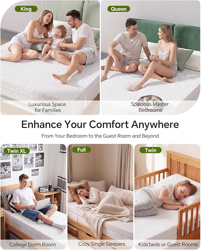 Full Size Memory Foam Mattress Topper Bamboo Viscose for Pressure Relief | 3 inch Firm Mattress Pad DualSide, Back Support, 5-Zone Spinal Align, Removable Cover, Elastic Strap, CertiPUR-US Certified