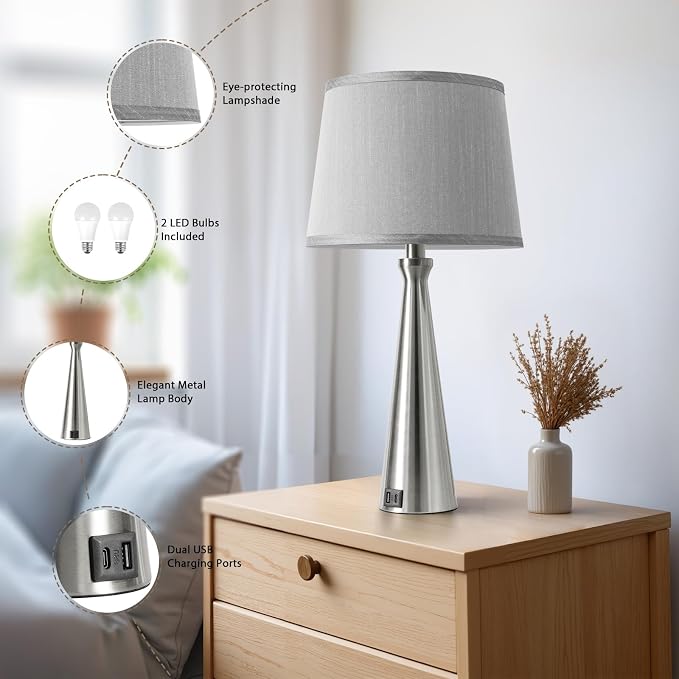 Modern Touch Lamps for Nightstand, 3 Way Dimmable Bedroom Lamp Set of 2 | USB C+A Charging Ports, Silver Bedside Lamps for Bedroom, Living Room, End Table, Bed Side, LED Bulb Included