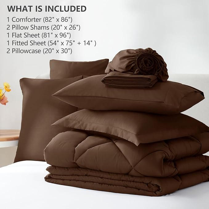Full Size Comforter Sets Brown - 7 Pieces Complete Bedding Set | OEKO-TEX Certified, All Season, 240GSM Down-Alternative Comforter, Sheets, Pillowcases & Shams, 14" Deep Pocket, Easy Care