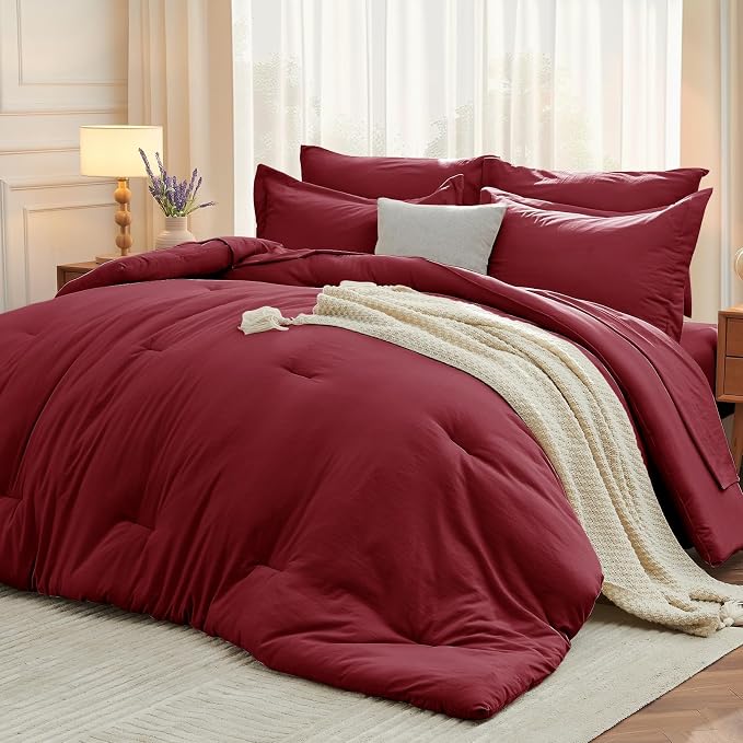 7 Pieces King Comforter Set, Soft Bed in a Bag King Size, All Season Bedding Set with Comforter, Flat Sheet, Fitted Sheet, Pillowcases & Shams, Burgundy Red