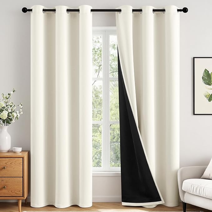 MIULEE Beige White 100% Blackout Curtains for Bedroom 90 Inch 2 Panels Set | 2 Thick Layers Thermal Insulated Window Curtains with Black Liner, Noise Reducing Grommet, Drapes for Living Room
