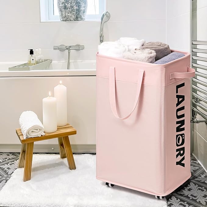Goodpick 2-Pack Laundry Hamper with Wheels, Dorm Essentials for Girls,75L | Rolling Laundry Basket with Handles for Dirty Clothes, Fodable Hamper for Laundry Room College Dorm, Pink