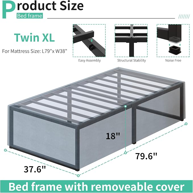 Lutown-Teen 18 Inch Twin XL Bed Frames with Fabric Bed Cover | Heavy Duty Sturdy Metal XL Twin Platform Bed Frame No Box Spring Needed, Noise Free, Easy Assembly, Black and Blue