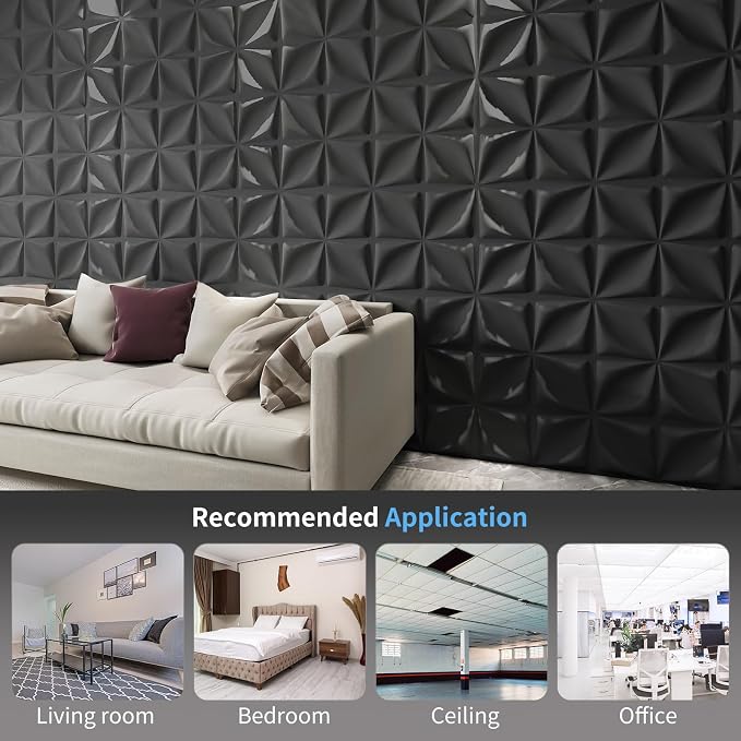 Art3d Decorative 3D Wall Panel, 32 Sq.FT PVC Interior Wall Decor for Living Room, Bedroom, Lobby, Office, Shopping Mall, Black
