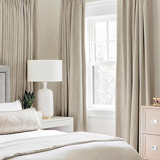 MIULEE 100% Blackout Linen Curtains for Bedroom 52x54 Inches Stone | Room Darkening, Light Blocking, Thermal Insulated, Grommet Top, Linen Textured, Fall Curtains for Living Room, 2 Panels