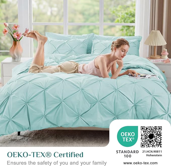 JOLLYVOGUE King Size Comforter Set 7 Pieces - Bed in a Bag King for All Season, Pintuck Bedding Comforter Sets with Comforter, Flat Sheet, Fitted Sheet and Pillowcases & Shams, Lake Blue