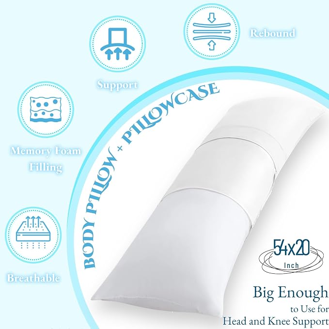 Ubauba Memory Foam Body Pillow with Cover, Full Large Body Pillows Insert for Adults with Envelope Closure Pillowcase, Firm & Fluffy Long Bed Pillows for Sleeping (20x54 inch, Pure White)