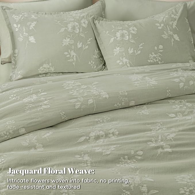 PHF Stone-Washed 100% Cotton Duvet Cover Queen Size, 90"x90", Dusty Sage | Elegant Floral Jacquard Woven, Ultra Soft Breathable All Season Bedding Set for Adults, 3pcs with 2 Pillow Shams, No Filling