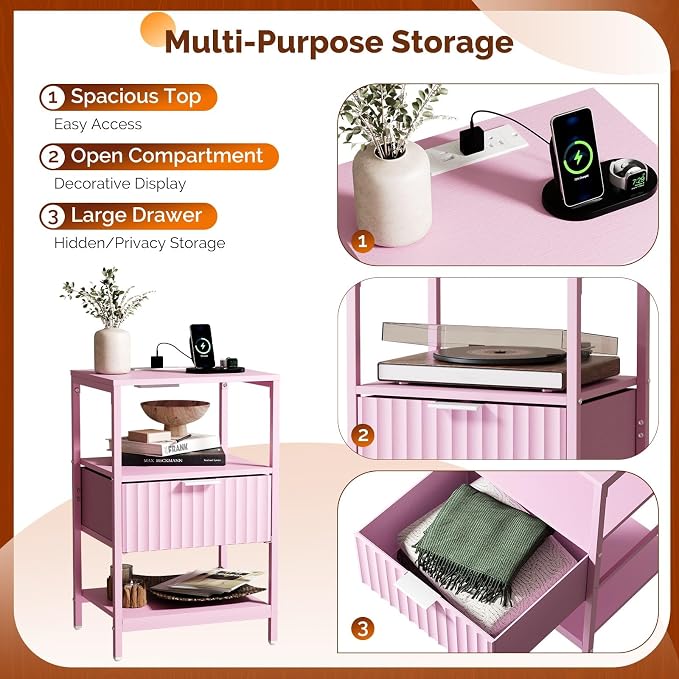 VINGLI Nightstands Set of 2 with Fabric Drawer, Pink Nightstands with Charging Station, Fluted Nightstand Pink Bedside Table/End Table for Bedroom, Night Stand Small for Kids Room, 2 pcs
