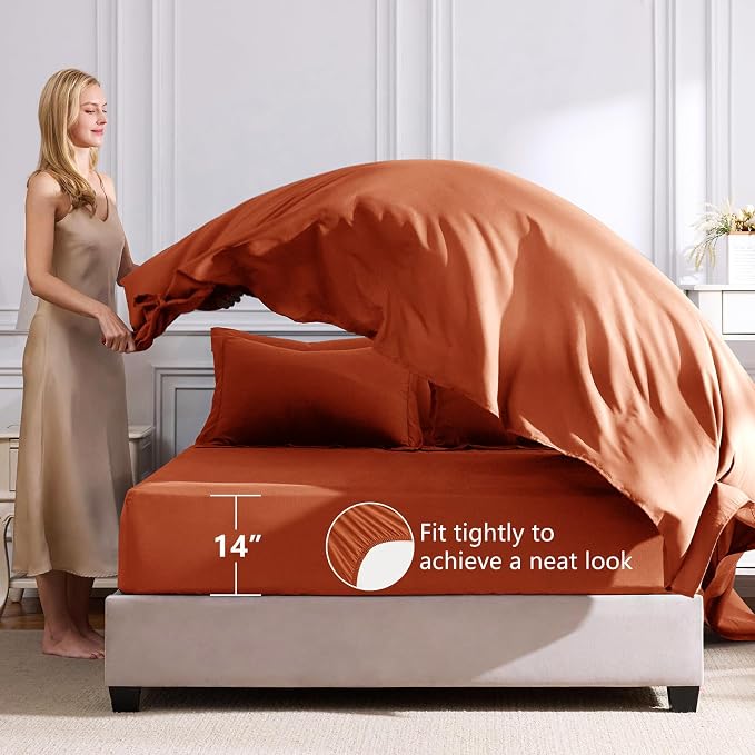 King Size Comforter Set Burnt Orange - 7 Pieces Bed in a Bag | OEKO-TEX Certified, All Season, 240GSM Down-Alternative Comforter, Sheets, Pillowcases & Shams, 14" Deep Pocket, Easy Care