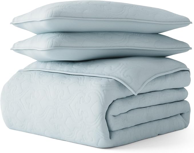 Merit Linens Classic Quilt Coverlet Soft Set in Damask Stitching - Full/Queen Pale Blue