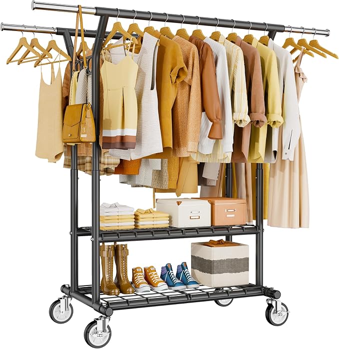 HYSEYY Heavy Duty Clothes Rack, Rolling Clothing Rack With Shelves Load 620 LBS, Double Rod Clothing Racks for Hanging Clothes, Portable& Adjustable Clothes Rack with Wheels,Black