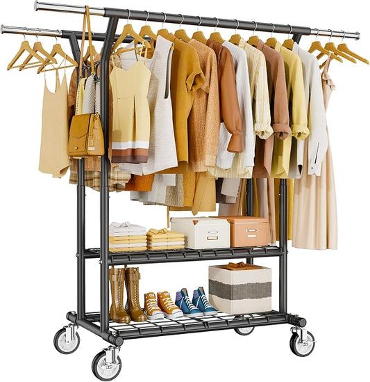 HYSEYY Heavy Duty Clothes Rack, Rolling Clothing Rack With Shelves Load 620 LBS, Double Rod Clothing Racks for Hanging Clothes, Portable& Adjustable Clothes Rack with Wheels,Black