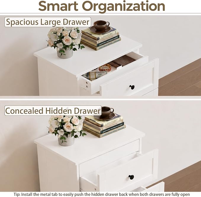 wanan Dresser for Bedroom Set of 2, White Modern 19'' Wide Wood Chest of Drawers with Hidden Drawer, Storage Organizer with Smooth Metal Rails & Anti-Tip Kit Living Room