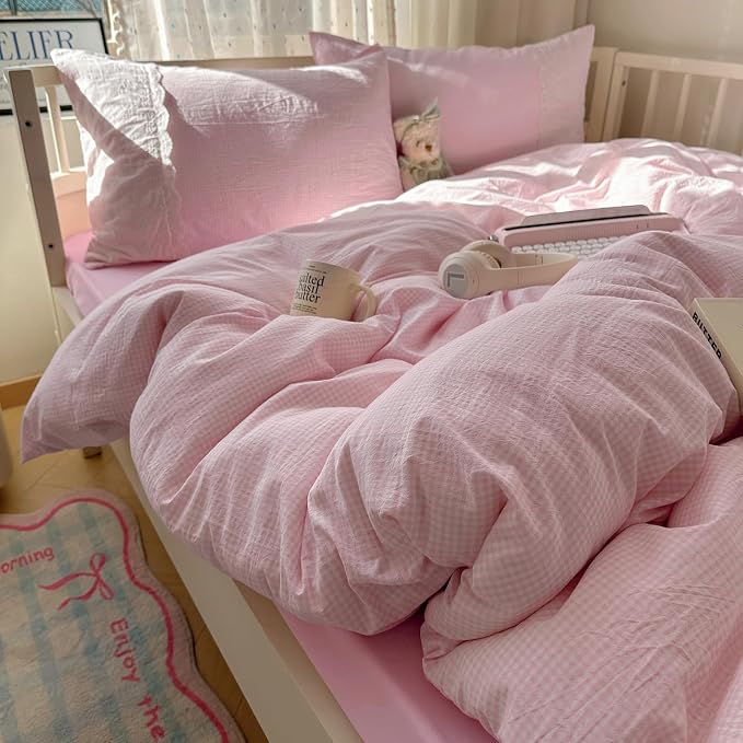 mixinni Pink Gingham Duvet Cover Twin Size - 3 Piece Cottagecore Plaid Bedding Set with Lace Trim, Soft Washed Microfiber Vintage Aesthetic Grid Comforter Cover & Pillow Shams, (Pink White Gingham)