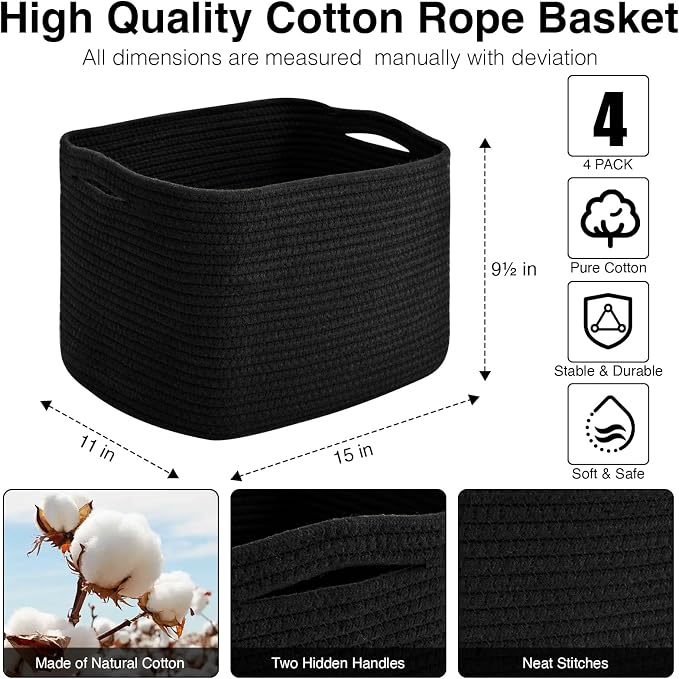 ICERZCZ Storage Baskets for Organizing & Shelves, Woven Cotton Rope Organization Bins for Dog Toys, Clothes, Books, Nursery Organizer, 15"Lx11''Wx9.5''H, (4 Packs) Black