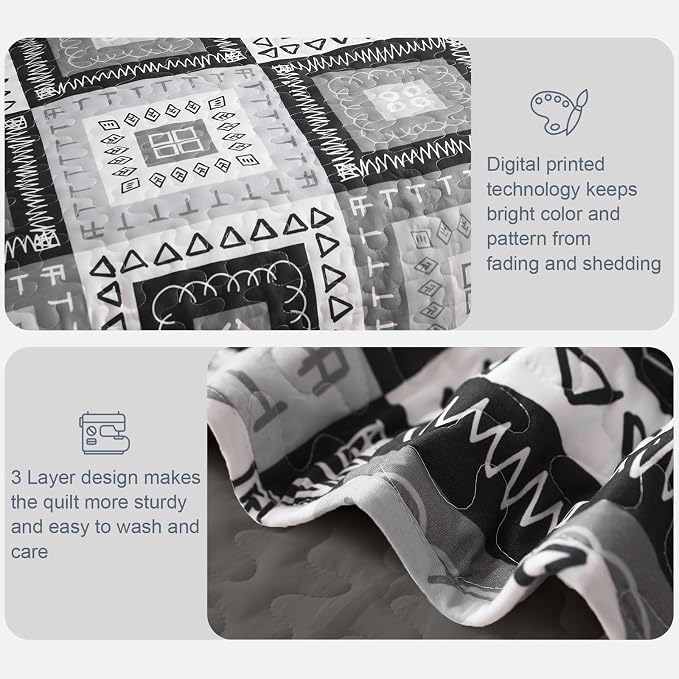 Exclusivo Mezcla Reversible Boho Quilt King Size Black | Lightweight Soft Bedspreads, All Season Patchwork Coverlet Bedding Set, Printed Floral Pattern, 1 Quilt and 2 Pillow Shams