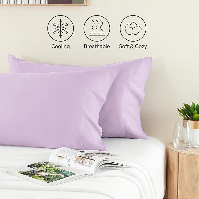 BEDELITE Pillow Cases Standard Size 2Pcs, Rayon from Bamboo, Light Purple | Cooling and Breathable Pillow Cover for Hot Sleepers & Night Sweats, Silky Soft Cozy, Envelope Closure, 20"x26"