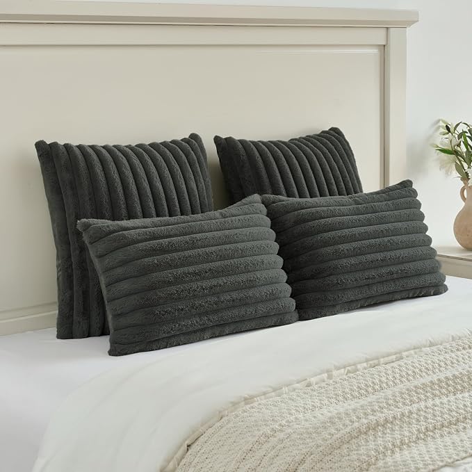FUTEI Pack of 2 Faux Fur Throw Pillow Covers 18x18 Inch, Dark Grey | Fluffy Faux Rabbit Fur Front/Premium Velvet Back,Hidden Zipper,Machine Washable,Non-Shedding,Colorfast,Insert Not Included.