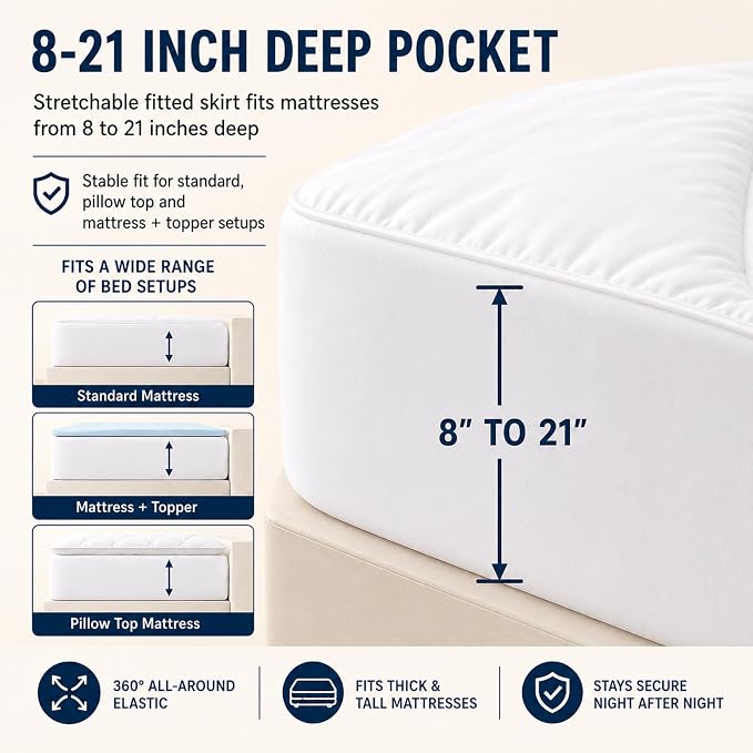 CozyLux Queen Mattress Pad, 450 GSM Fill, Cotton Top, 8-21 Inch Pocket | OEKO-TEX Certified, White Queen 60 x 80 Inches, Quilted Cushioning for Primary Bedrooms and Guest Rooms